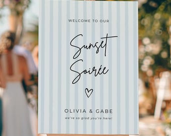 Striped Blue Sunset Soiree Wedding Sign, PRINTED & SHIPPED Blush, Lavender, Sage Foam Board Poster
