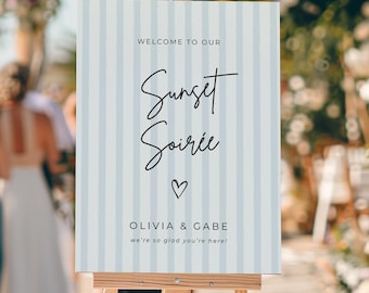 Blue Striped Beach Rehearsal Sign, Sunset Soiree Party Decor, Arched Wedding Sign in Lavender, Pink, Sage, Printed Foam Board Poster