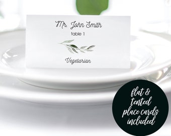 Wedding Place Card With Meal Choice, Greenery Place Cards, Editable Greenery Template, Printable Escort Cards, Editable Wedding Place Cards