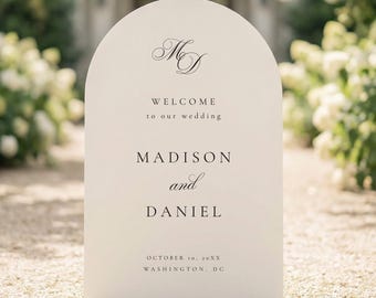 Printed & Shipped Arched Monogram Wedding Welcome Sign, Old Money Black and White Wedding Welcome Poster, Large Elegant Wedding Sign,
