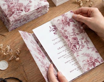 Burgundy Vellum Wrap for 5 x 7 Wedding Invitations, Printed Vellum Jacket