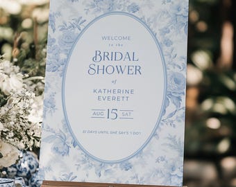 PRINTED & SHIPPED Blue Floral Toile Bridal Shower Welcome Sign, Regency Style Wedding Welcome Poster