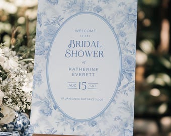 PRINTED & SHIPPED Blue Toile Bridal Shower Welcome Sign, Regency Style Wedding Welcome Poster