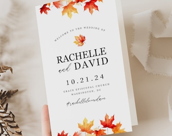 Folded Wedding Program, Autumn Leaf Template, Fall Ceremony Booklet, Edit in Canva (Instant Download) FL1