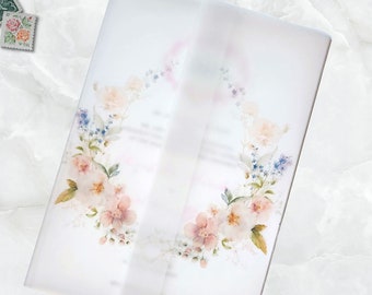 Spring Floral Vellum Jacket, Wildflower Vellum Wrap for 5 x 7 Invites, Printed Vellum Wrap for Wedding Invitations