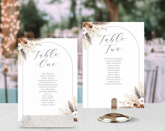 Tarjetas editables para la distribución de asientos en bodas, tarjetas de distribución de asientos para bodas en la Pampa, tarjetas de plano de mesas, números de mesa, bodas en terracota, letreros bohemios