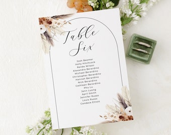 Plantilla de plano de asientos estilo bohemio, cartel personalizado para encontrar tu asiento en la boda, plantilla de mesa de asientos, letreros de asientos para mesas en arco, editable en Canva.