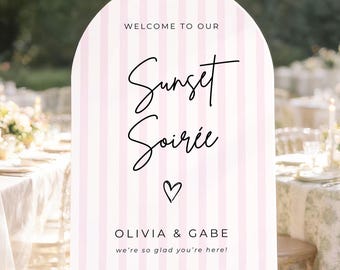 Striped Arched Sunset Soiree Wedding Sign, PRINTED & SHIPPED Blue, Blush, Lavender, Sage Foam Board Poster