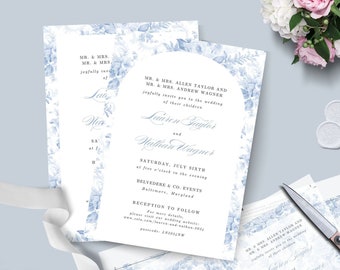 French Blue Toile Borders for 5 x 7 Invitations, Blue Toile Wedding Sign, Custom Editable Signs, Blue Toile Invite Template, EDIT IN CANVA