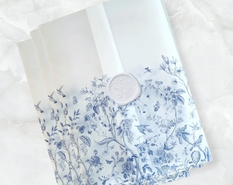 Wedding Vellum Jacket for 5 x 7 Invites, French Blue Toile Vellum Wrap, Printed Vellum Wrap