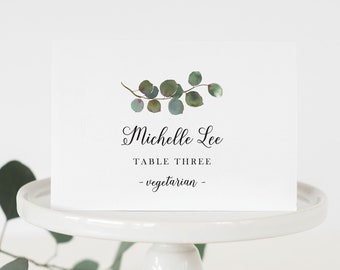 Eucalyptus Place Cards with Meal Choice, Printed and Folded Place Cards