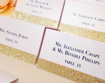 Gold Glitter Wedding Escort Cards, Gold Glitter Place Cards, Seating Cards, Name Cards, Pearl and Gold Glitter Escort Cards FREE SHIPPING