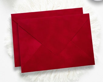 RED Velvet Envelopes, A7 Euro Flap Velvet Wedding Envelopes, 5.25 x 7.25 Inner Envelopes, Luxury Red Velvet Valentines Day Envelopes