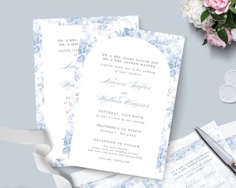 PRINTABLE French Blue Toile Borders for 5 x 7 Invitations, Blue Toile Wedding Sign, Editable Signs, Blue Invite Template, EDIT in CANVA