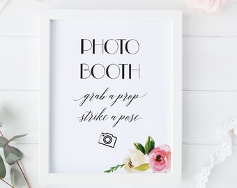Photo Booth Sign, Photo Booth Wedding Sign, Photo Booth Grab a Prop and Strike a Pose Sign, Photo Booth Instant Download Sign, PDF Template