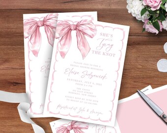 Editable She's Tying the Knot Bridal Shower Invitation Template, Pink Bow Bridal Shower Invite, Pink Ribbon Bow Wedding Shower, CANVA EDIT