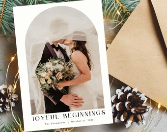 Newlywed Christmas Card Template, Arched Photo Card, Minimalist Holiday Card, Joyful Beginnings  Holiday Card, EDITABLE Printable in CANVA