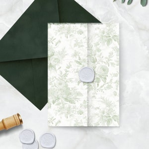 French Toile Wedding Vellum Wrap, Sage Vellum Jacket, Floral Vellum Paper, PRINTED Wedding Vellum Wrap, PRE-FOLDED Sage Green Invite Wrap