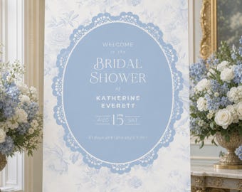 Printed & Shipped Dusty Blue Toile Bridal Shower Welcome Sign, Lace Oval Frame, Foam Core
