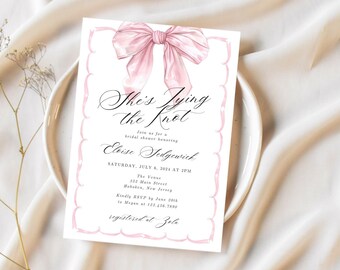 She's Tying the Knot Bridal Shower Invitation Template, Pink Bow Bridal Shower Invite, Pink Ribbon Bow Wedding Shower Invite, EDIT IN CANVA