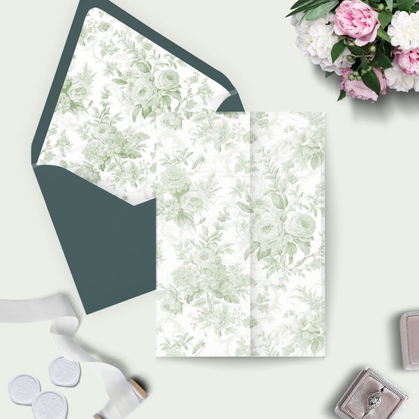 PRINTABLE Sage Vellum Wrap and Envelope Liners for 5 x 7 Wedding Invitations, Sage Toile, A7 Envelope Liners, Sage Green Vellum Jacket