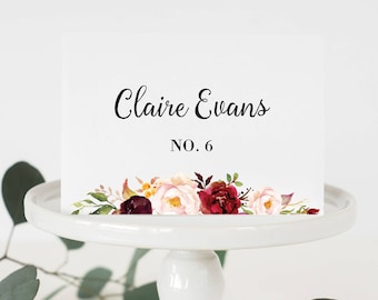 Floral Place Cards, Wedding Escort Cards, Rustic Place Cards, Boho Chic Place Cards, Burgundy Name Cards, Marsala Place cards PRINTED CARDS