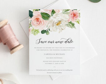 Save Our New Date Postponement Invitation Cards with Blush Floral Design