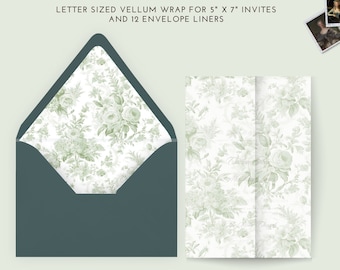 Printable Sage Vellum Wrap and Envelope Liners for 5 x 7 Wedding Invitations, Sage Toile Design, A7 Envelope Liners, DIY Fine Art Wedding