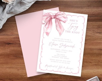 Editable She's Tying the Knot Bridal Shower Invitation Template, Pink Bow Bridal Shower Invite, Pink Ribbon Bow Wedding Shower, CANVA EDIT