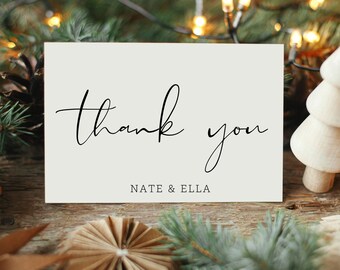Holiday Couples Thank You Card, Personalized Folded Thank You Card with Envelopes, Minimalist Wedding, Elegant, Black and White Thank You