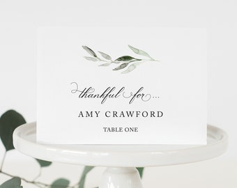 Thanksgiving Place Cards, Thankful for Custom Place Cards, Personalized Name Cards, PRINTED and FOLDED Place Cards, Greenery Place Card