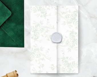 Sage Vellum Invitation Wrap, Pre-folded Vellum Jacket for 5 x 7, Rose Wedding Vellum Wrap, French Toile Pattern, PRINTED Vellum