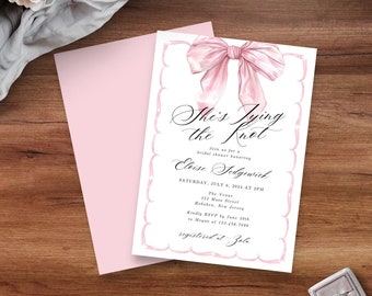 She's Tying the Knot Bridal Shower Invitation Template, Pink Bow Bridal Shower Invite, Pink Ribbon Bow Wedding Shower Invite, EDIT IN CANVA