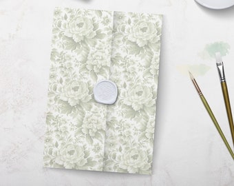 Sage Green Wedding Vellum Wrap, Sage Vellum Jacket, Floral Vellum Paper, PRINTED Wedding Vellum Wrap, Vintage Floral, PRE-FOLDED Invite Wrap