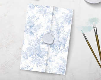 French Blue Toile Wedding Vellum Wrap, Light Blue Vellum Jacket, Floral Vellum Paper, PRINTED Wedding Vellum Wrap, PRE-FOLDED Invite Wrap