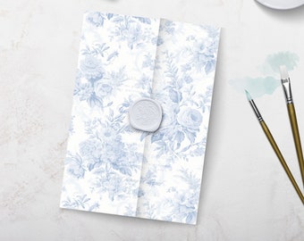 PRINTABLE French Blue Toile Vellum Wrap, Vellum Jacket for 5 x 7 Invites, Vellum Paper Sleeve, DIY Wedding Vellum Wrap, INSTANT Download