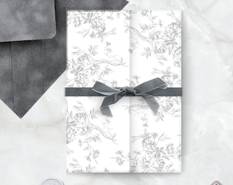 Wedding Vellum Invitation Wrap, Pre-folded Vellum Jacket for 5 x 7, Slate Gray Wedding Vellum, Vintage Rose Pattern, PRINTED Vellum Wrap