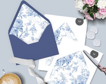 12 Printable Envelope Liners, A7 Square Flap, Liner A7, French Blue Toile Liner, Liner Template, 6.5 Square | 5.75 Square, Wedding Liners