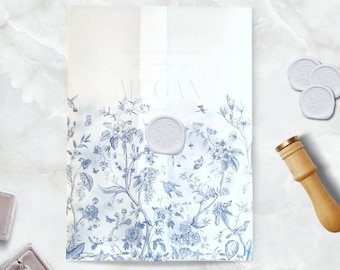 French Blue Toile Wedding Vellum Wrap, Blue Vellum Jacket, Floral Vellum Overlay, Printed Wedding Vellum Wrap