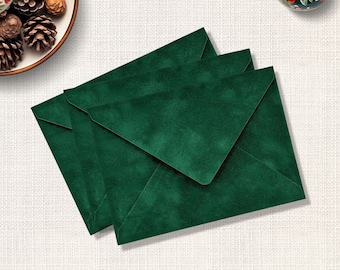 Emerald Green Velvet Envelopes, A7 Euro Flap Wedding Envelopes, 5.25 x 7.25 Inner Envelopes, Dark Green Envelopes, Luxury Wedding Envelopes