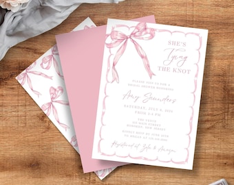 Pink Bow Bridal Shower Invite, Editable She's Tying the Knot Bridal Shower Invitation, Pink Wedding Shower Invitation, EDIT IN CANVA