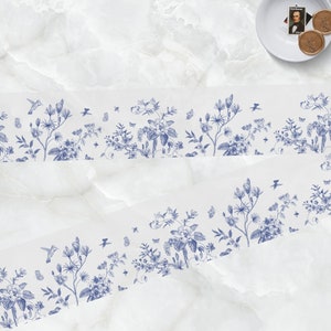 French Blue Toile Belly Bands for 5 x 7 Wedding Invitations, Printed Blue Wedding Vellum Wrap, Vellum Bands with Toile Pattern