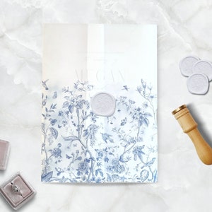 French Blue Toile Wedding Vellum Wrap, Blue Vellum Jacket, Floral Vellum Overlay, Printed Wedding Vellum Wrap