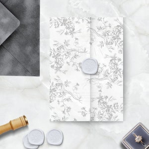 Wedding Vellum Invitation Wrap, Pre-folded Vellum Jacket for 5 x 7, Gray, Sage, Lilac Wedding Vellum, French Toile Pattern, PRINTED Vellum