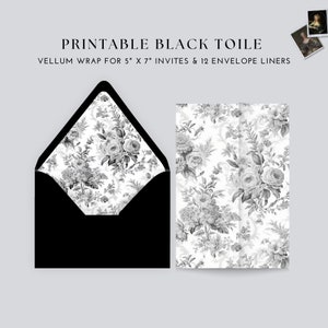 PRINTABLE Black Vellum Wrap and Envelope Liners for 5 x 7 Wedding Invitations, Black Toile Vellum, A7 Envelope Liners, Victorian Vellum Wrap