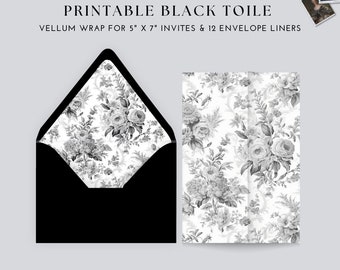 PRINTABLE Black Vellum Wrap and Envelope Liners for 5 x 7 Wedding Invitations, Black Toile Vellum, A7 Envelope Liners, Victorian Vellum Wrap