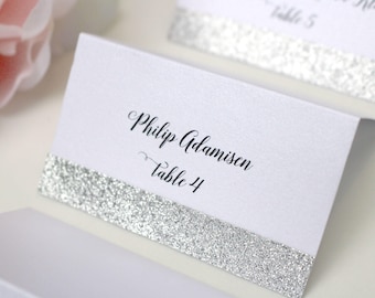 Silver Glitter Wedding Place Cards, Silver Place Card, Seating Cards, Name Cards, Pearl and Silver Glitter Placecards, FREE SHIPPING