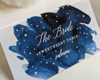 Starry Night Seating Cards, Place Card with Meal Choice, Celestial Wedding, Blue Watercolor Place Cards, PRINTED PLACECARDS