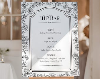 Printed & Shipped Wedding Bar Sign, Custom Floral Wedding Sign, Drink Menu Sign, Modern Wedding Decor