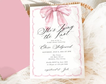 She's Tying the Knot Bridal Shower Invitation Template, Pink Bow Bridal Shower Invite, Pink Ribbon Bow Wedding Shower Invite, EDIT IN CANVA
